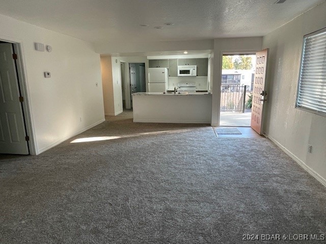 unfurnished living room with carpet flooring and a textured ceiling