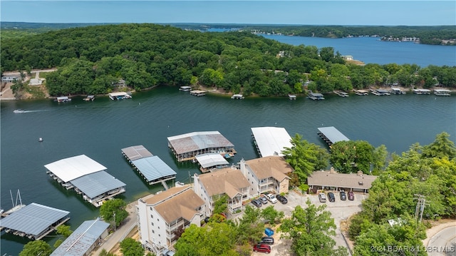 drone / aerial view featuring a view of trees and a water view