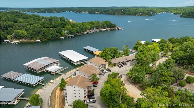 birds eye view of property featuring a forest view and a water view