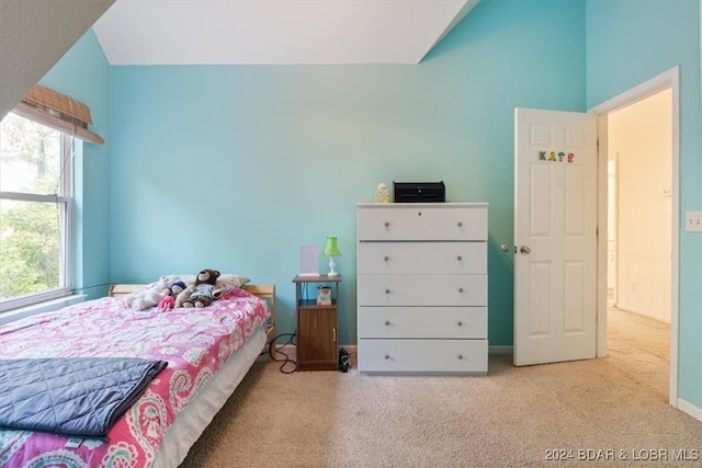 bedroom with light colored carpet