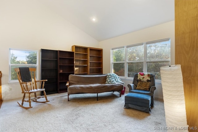 sitting room featuring high vaulted ceiling and carpet flooring