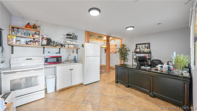 3 Willow Rd, Eldon, MO 65026 - kitchen featuring white appliances, a sink, open shelves, white cabinets, and light tile patterned flooring