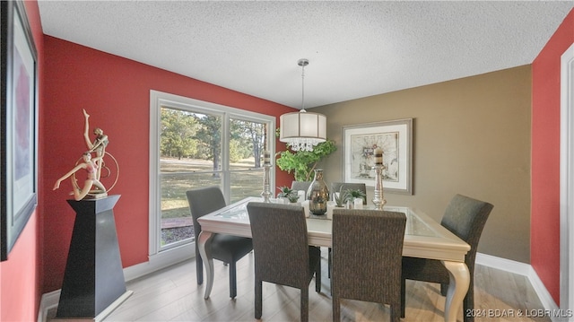 dining area featuring light hardwood / wood-style flooring and a textured ceiling