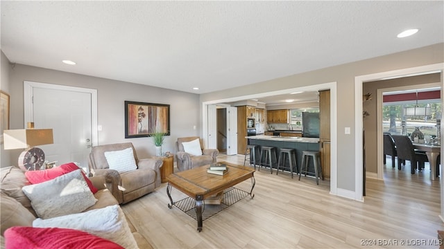 living room featuring light hardwood / wood-style floors and a textured ceiling