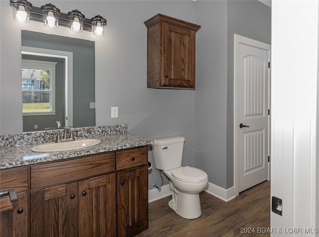 bathroom with toilet, hardwood / wood-style floors, and vanity