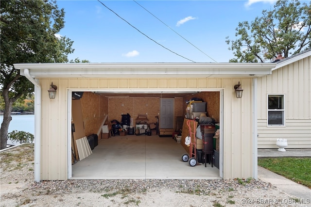 garage with wood walls