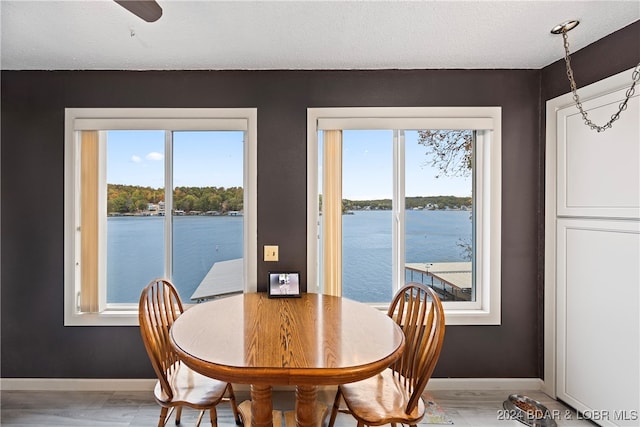 dining space with a water view, wood-type flooring, a textured ceiling, and plenty of natural light