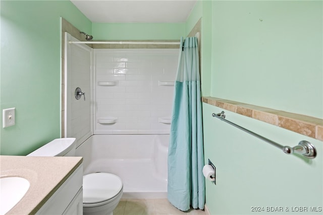 full bathroom with vanity, shower / bath combo with shower curtain, toilet, and tile patterned flooring