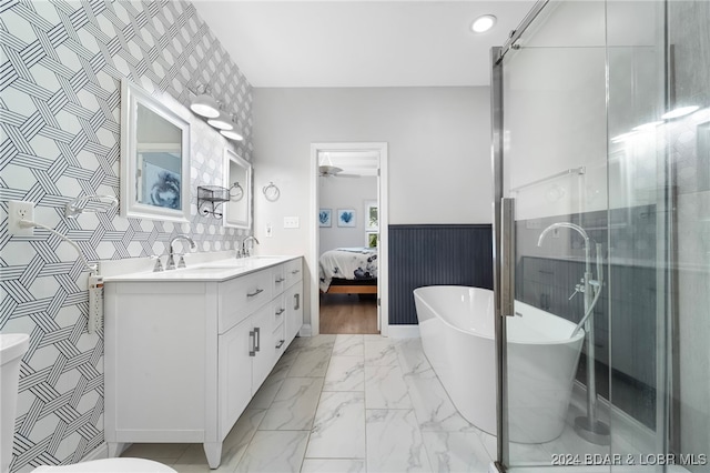 bathroom with vanity and plus walk in shower