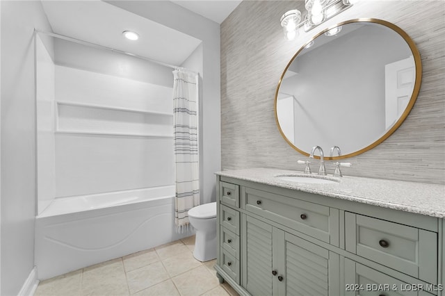 full bathroom featuring vanity, shower / tub combo, toilet, and tile patterned floors