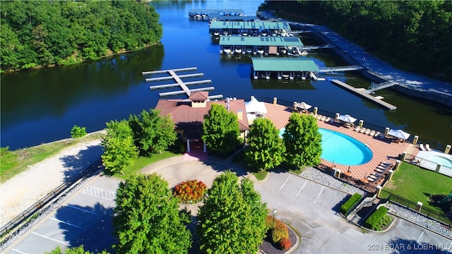 drone / aerial view featuring a water view