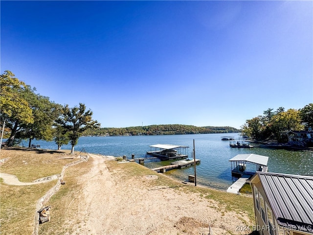 view of dock with a water view