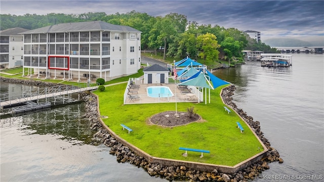 drone / aerial view featuring a water view