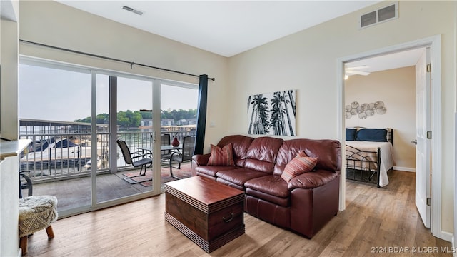 living room with hardwood / wood-style flooring and ceiling fan