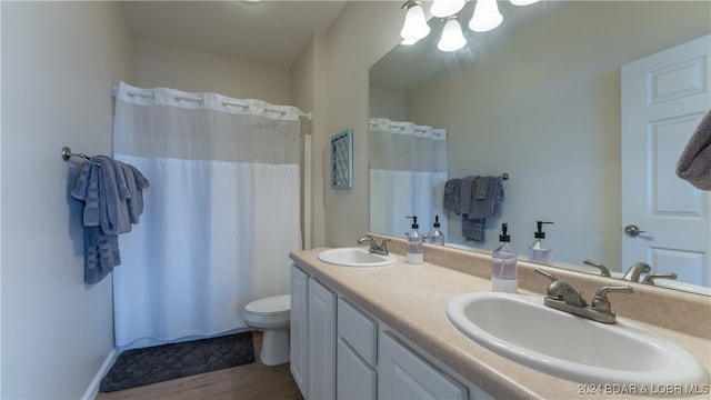 bathroom featuring toilet, a shower with curtain, vanity, and wood-type flooring