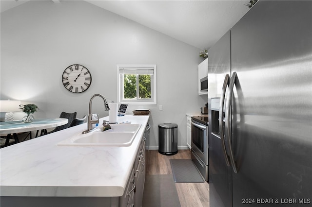 kitchen featuring sink, dark wood-type flooring, stainless steel appliances, lofted ceiling, and a kitchen island with sink