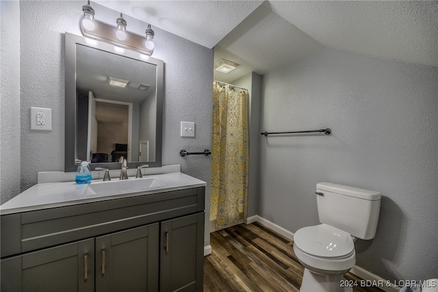 bathroom with lofted ceiling, hardwood / wood-style flooring, toilet, vanity, and a textured ceiling