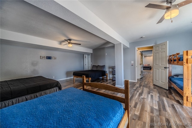 bedroom featuring hardwood / wood-style flooring and ceiling fan