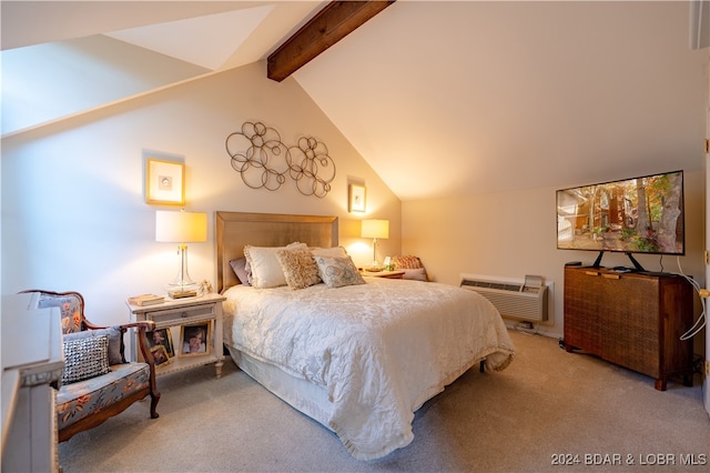 bedroom featuring vaulted ceiling with beams, light carpet, and a wall mounted air conditioner