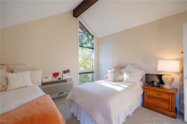 carpeted bedroom with lofted ceiling with beams and a wall unit AC