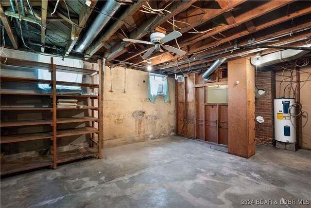 basement featuring ceiling fan and electric water heater