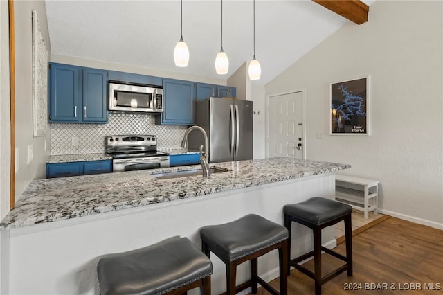 kitchen featuring blue cabinets, sink, appliances with stainless steel finishes, and dark hardwood / wood-style flooring