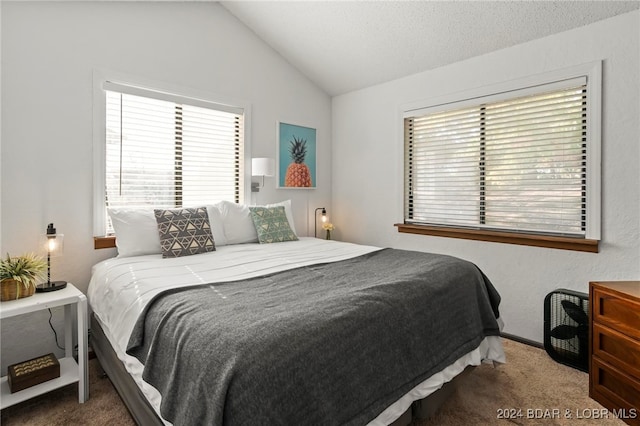 carpeted bedroom with a textured ceiling and lofted ceiling