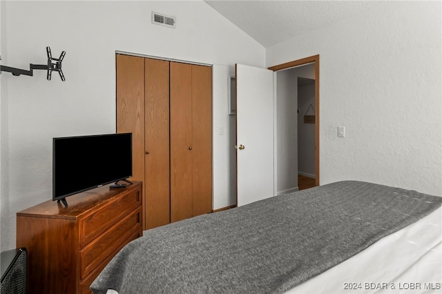 bedroom with lofted ceiling, a textured ceiling, and a closet