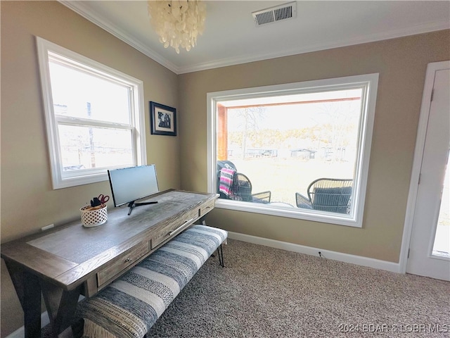 carpeted office space featuring ornamental molding, a chandelier, and a healthy amount of sunlight