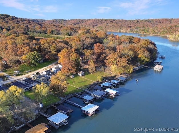 drone / aerial view featuring a water view