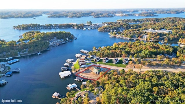 6 Forest Lake Cir, Lake Ozark, MO 65049 - aerial view of property and surrounding area featuring a large body of water and property parcel outlined