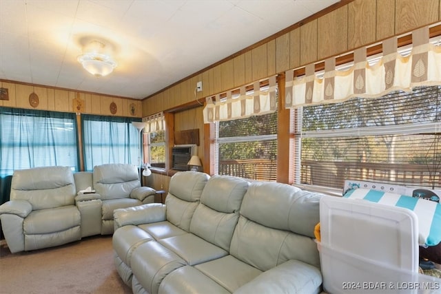 carpeted living room featuring wood walls and ornamental molding