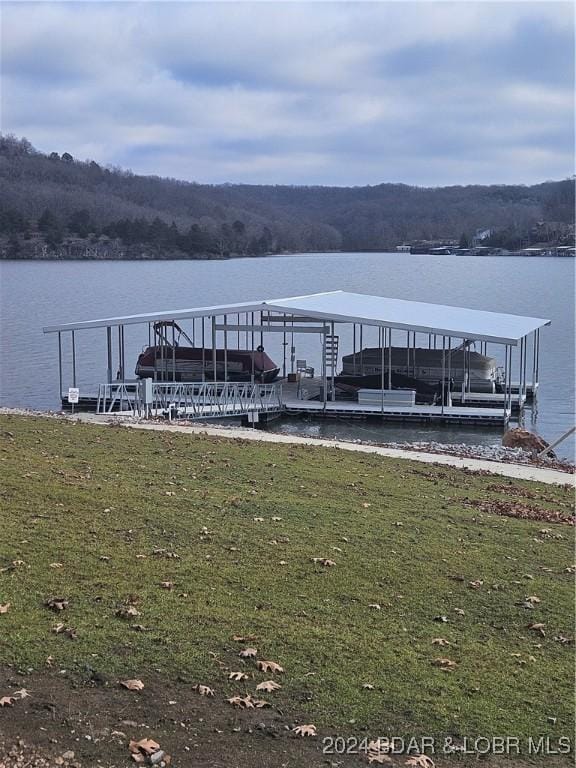 dock area with a water view and a lawn