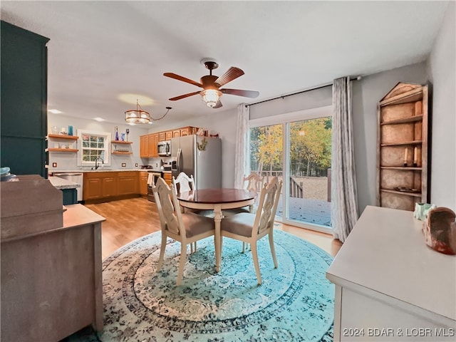 dining space featuring sink, light wood-type flooring, and ceiling fan