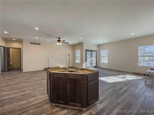 kitchen with a kitchen island with sink, open floor plan, a healthy amount of sunlight, and wood finished floors