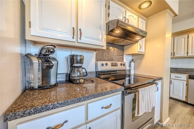 kitchen with under cabinet range hood, white cabinetry, appliances with stainless steel finishes, tasteful backsplash, and dark countertops