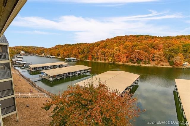 view of dock with a water view