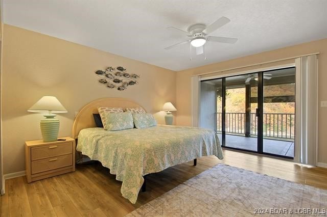 bedroom with ceiling fan, access to outside, and light wood-type flooring