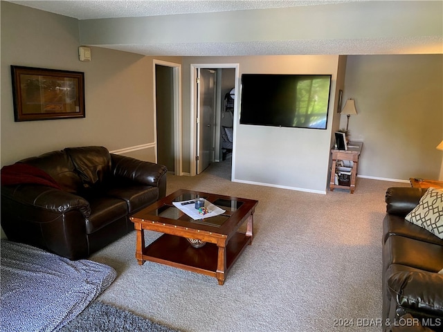 living room featuring a textured ceiling and carpet flooring