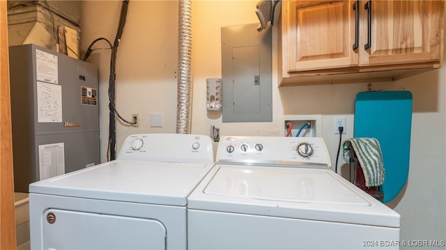 clothes washing area with cabinets, electric panel, heating unit, and washing machine and clothes dryer