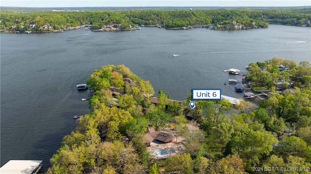 drone / aerial view featuring a water view