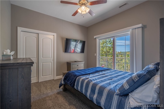 bedroom with carpet, access to exterior, a closet, and ceiling fan