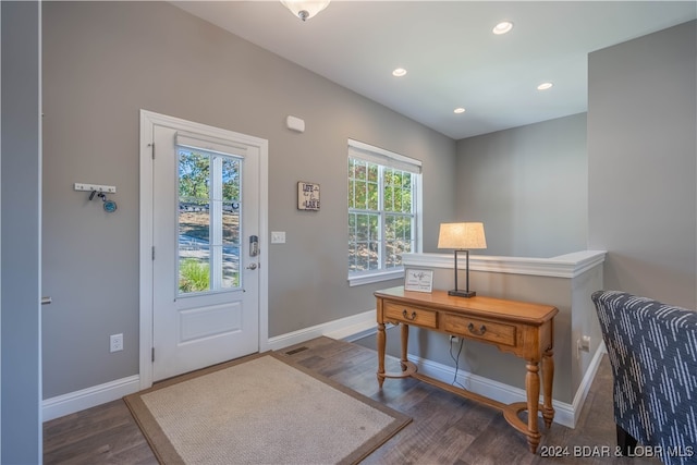 doorway to outside featuring a wealth of natural light and dark hardwood / wood-style floors