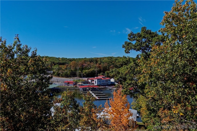 birds eye view of property featuring a water view