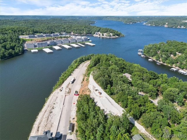 drone / aerial view featuring a forest view and a water view