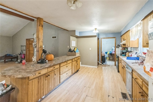 kitchen featuring sink, vaulted ceiling, stainless steel appliances, and light hardwood / wood-style floors