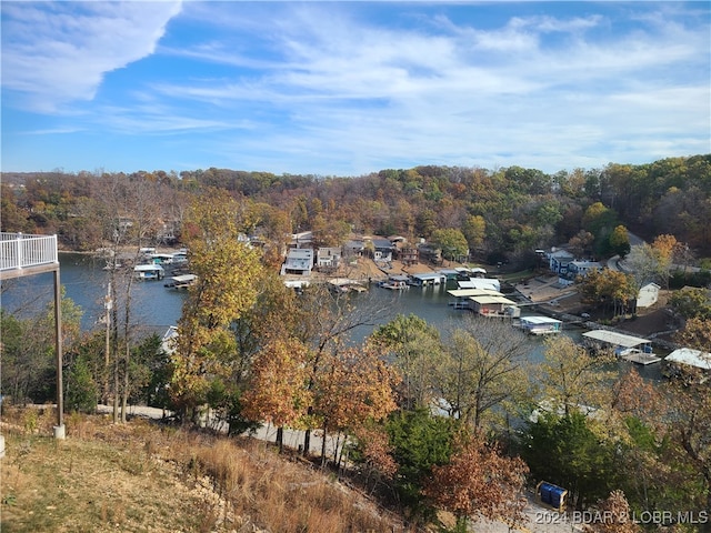 birds eye view of property with a water view