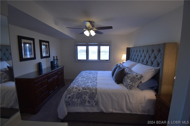 bedroom featuring ceiling fan and carpet flooring