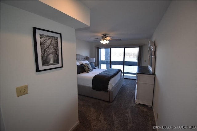 carpeted bedroom featuring access to outside and ceiling fan