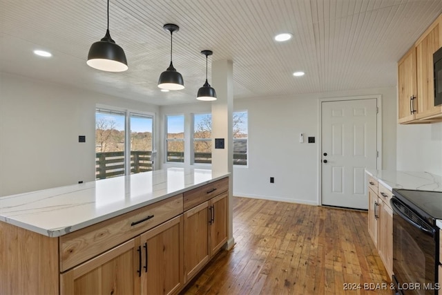 kitchen featuring a kitchen island, hanging light fixtures, wood-type flooring, light stone countertops, and black range with electric stovetop